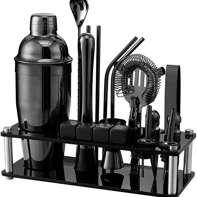 22 Piece Cocktail Shaker Set, Stainless Steel Bartender Kit with Acrylic Stand, 25 oz Shaker, 4 Whiskey Stones, All-Inclusive Bar Accessories for Home, Traveling, Party,Gift for Christmas, Black