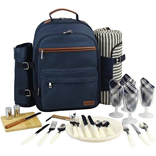 Picnic Backpack for 4 | Picnic Basket | Stylish All-in-One Portable Picnic Bag with Complete Cutlery Set, Stainless Steel S/P Shakers | Picnic Blanket Waterproof Extra Large| Cooler Bag for Camping