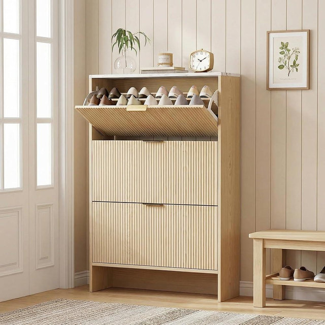 IRONCK Fluted Shoe Cabinet Storage for Entryway with 3 Flip Drawers, Hidden Shoes Storage Cabinet, Narrow Shoe Rack Cabinet, Freestanding Slim Shoe Organizer Cabinet, Wood