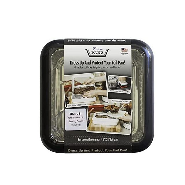 Fancy Panz 8 x 8-Inch Dress Up and Protect Your Foil Pan, 100% Made in USA, 8 x 8 Foil Pan Included. Hot or Cold Food. Stackable for easy travel. Great for potlucks, tailgating & home (Charcoal)