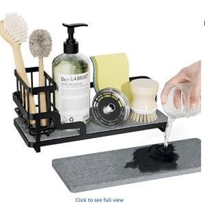 Consumest Sponge Holder for Kitchen Sink - Sink Caddy Organizer with Water Absorbing Stone Tray, Detachable Brush Holder, Stainless Steel Kitchen Counter Organizer Rack, Black