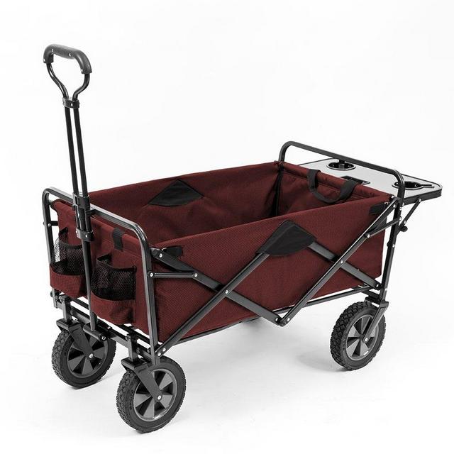 Mac Sports Collapsible Outdoor Utility Wagon with Folding Table and Drink Holders, Maroon