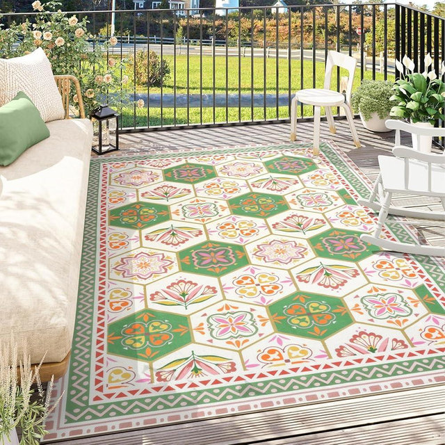 Anidaroel Large Outdoor Rug 8x10, Floral Indoor Outdoor Patio Rug, Non-Slip Flower Outside Area Rug Carpet, Outdoor RV Camping Mat for Deck Backyard Balcony Picnic Beach Living Room