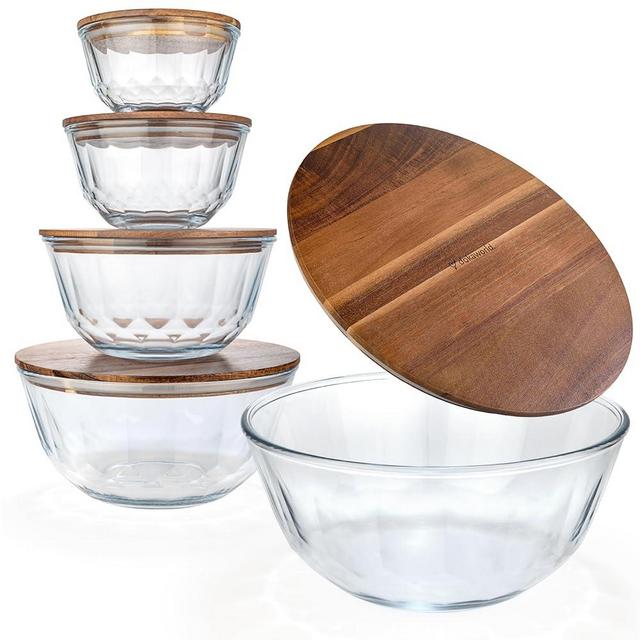 Dokaworld Stackable Space-Saving Set of 5 Nesting Glass Bowls with Acacia Lids for Foodprep, Storage, Mixing & Cooking - Microwave & Oven-ready BPA Free Durable Heat Resistant Inert Borosilicate Glass