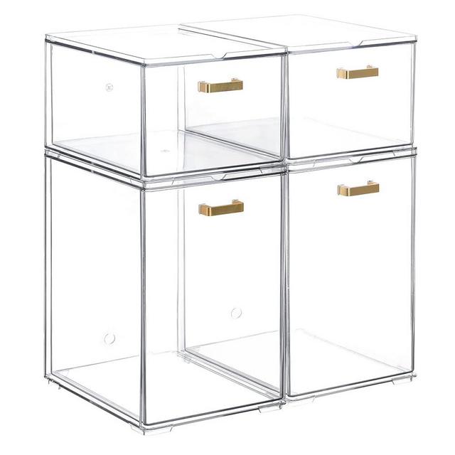 LALOBLUE 4 Pack Stackable Clear Acrylic Storage Drawers with Golden Handles, Plastic Drawer Organizers for Makeup, Kitchen, Bathroom, Office, Under Sink & Cabinet Organization