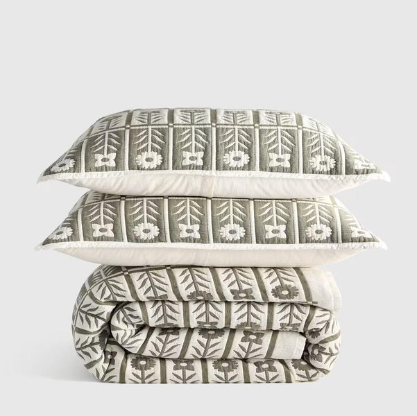 Organic Cotton Jacquard Floral Coverlet Set - Dried Sage, King/Cal King