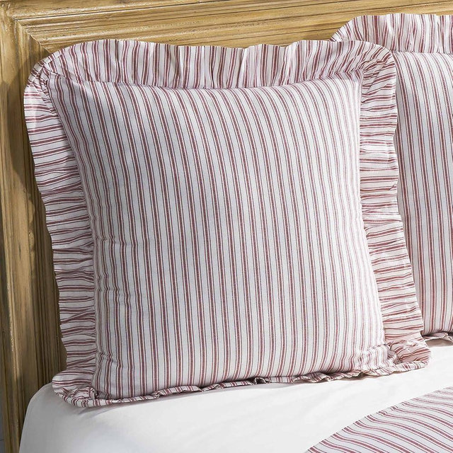 Piper Classics Timeless Ticking Red Ruffled Euro Sham, Vintage Farmhouse, Country Cottage Bedding Pillow Cover, 26" Long x 26" Wide