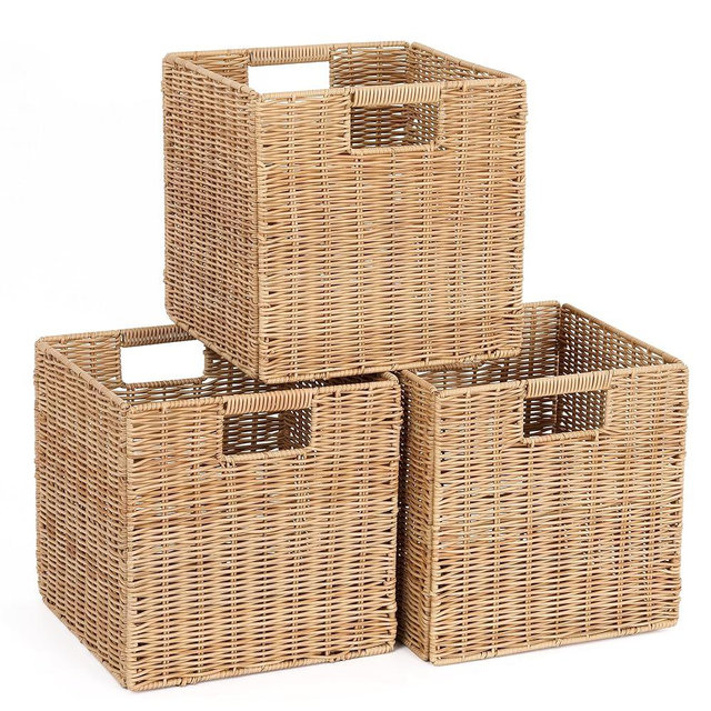 10.5 x 10.5 in Plastic Wicker Baskets for Cube Storage, Collapsible Square Wicker Storage Basket Set of 3, Rattan Storage Cube, Square Baskets for Shelves - Khaki