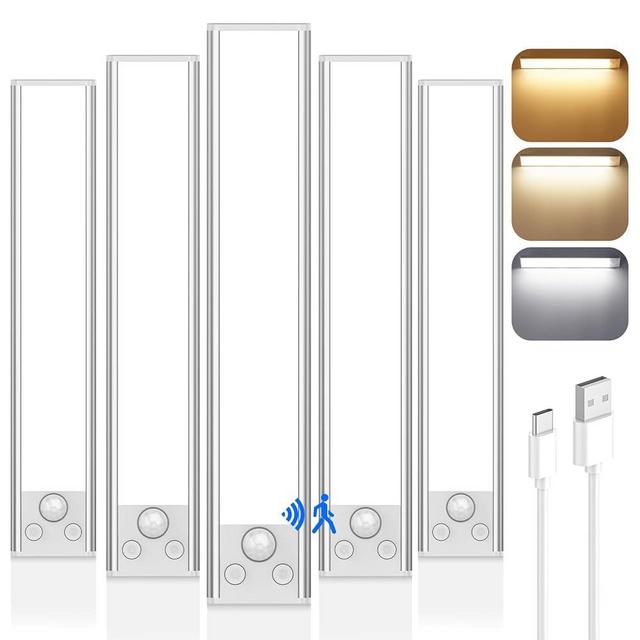 11.8in Under Cabinet Lighting, 2500mAh Rechargeable Battery Operated Closet Lights with 3 Color Tempers 108 LED, Wireless Motion Sensor Lights Indoor, Dimmable Lights for Kitchen, Hallway, 5-Pack