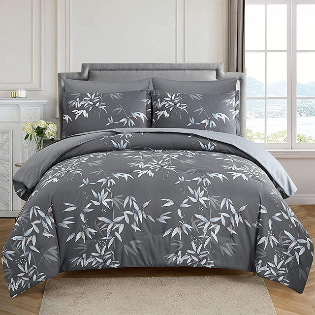 LXWORX Comforter Set Queen Size - 7 Pieces Bed in a Bag, Bamboo Leaves Bedding Set, Soft Lightweight Microfiber Grey Comforter Sets with Sheets and Pillows ( Grey,Queen)