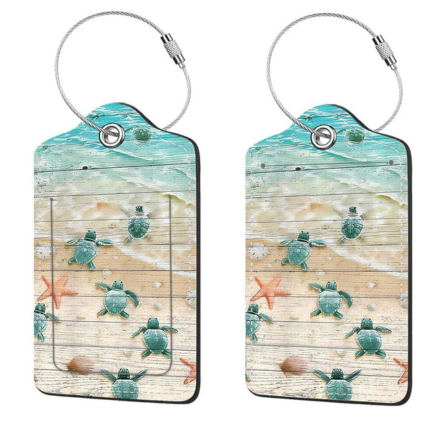 2 Pcs Luggage Tags for Suitcase, Cute Unique PU Leather Travel Bag Tag with Privacy Cover ID Label Address Card and Durable Metal Ring Suitable for Men Women Children Backpack,Turtle and Starfish