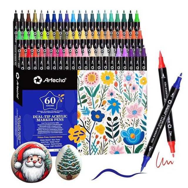 Artecho Acrylic Paint Markers 60 Colors, Acrylic Paint Pens with Brush Tip and Fine Tip for Stone, Rock Painting, Paper, Pumpkin, Wood, Egg, Canvas, Ceramic, Fabric, leather, Glass, DIY Crafts