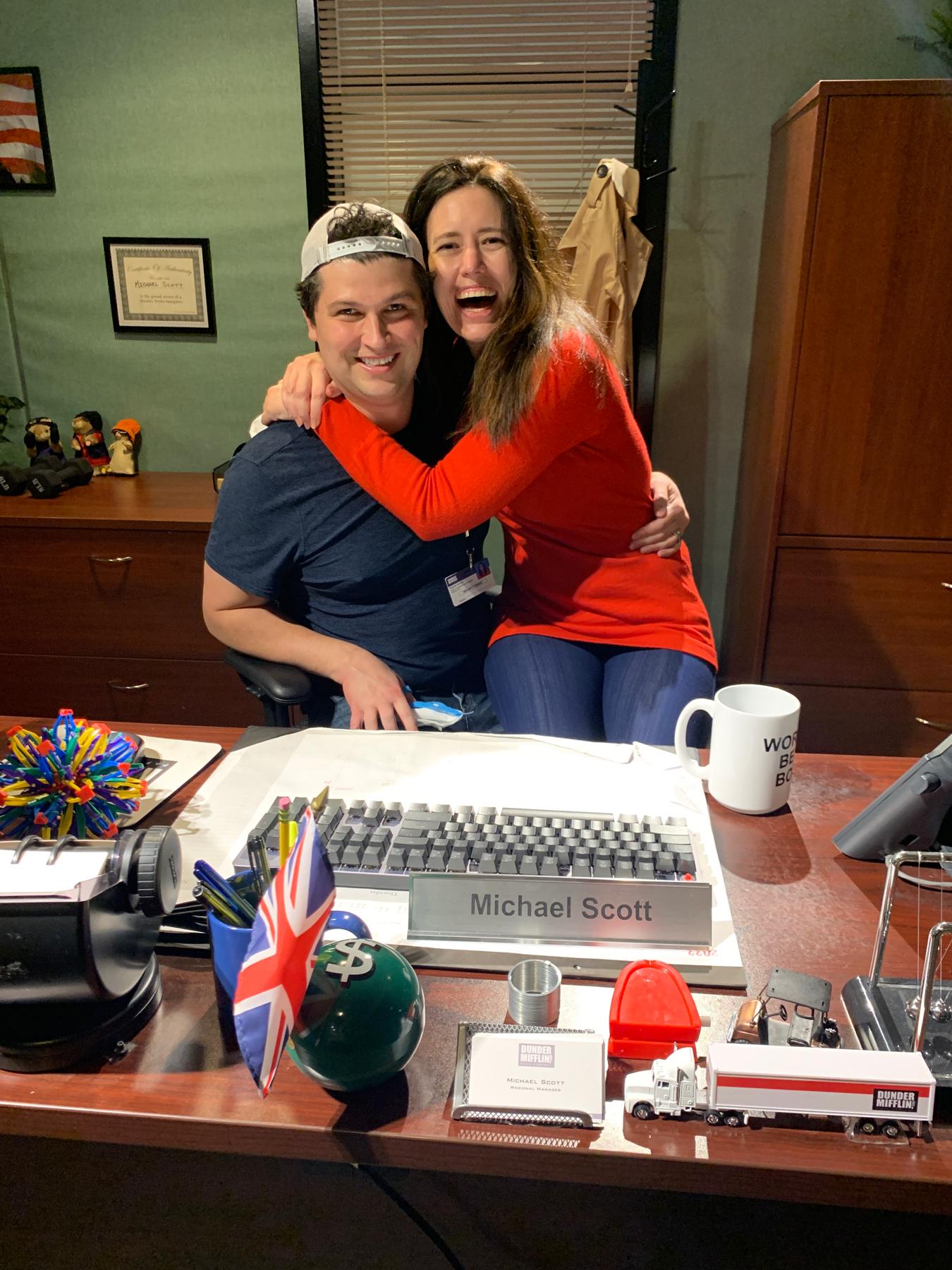 The Office Experience was Rachel’s surprise treat for Drew on his bday. She had him thinking he was headed to Lincoln Park on a party bus. 😎