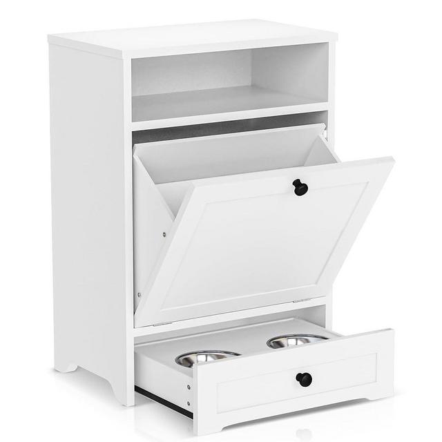 furlinkhm Dog Feeding Station with Storage, Pet Food Storage Cabinet with 2 Raised Dog Bowls, Dog Food Storage Cabinet with Pull-Out Elevated Dog Bowl for for Feeding & Watering Supplies, White