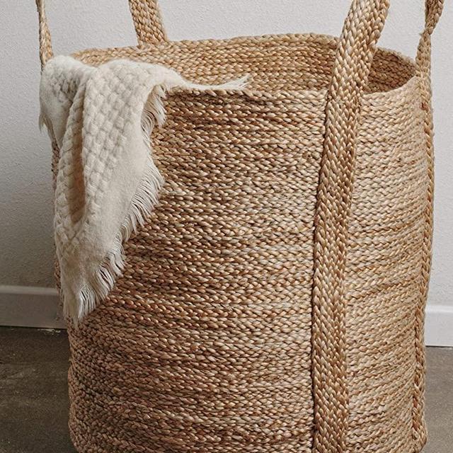 Large Woven Storage Basket Jute | 17” x 17” Tall Decorative Blanket Basket for Living Room, Bathroom or Nursery | Wicker Laundry Hamper Basket with Handles | Handmade Natural Seagrass Coiled Basket