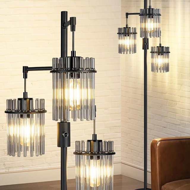 VOUTOORO Industrial Modern Floor Lamps for Living Room, Dimmable Glass Tree Standing Tall Lamps with 3 Elegant Teardrop Cage Head & 800 Lumens LED Bulbs for Bedroom Office (66inch tall)