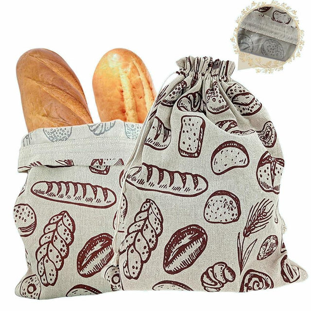 2 Pcs Bread Bags for Homemade Bread, Reusable Linen Bread Bags with Tpu Lining and Drawstring, Bread Storage Container for Sourdough, Loaf, Artisan Bread,15" x 11.8"