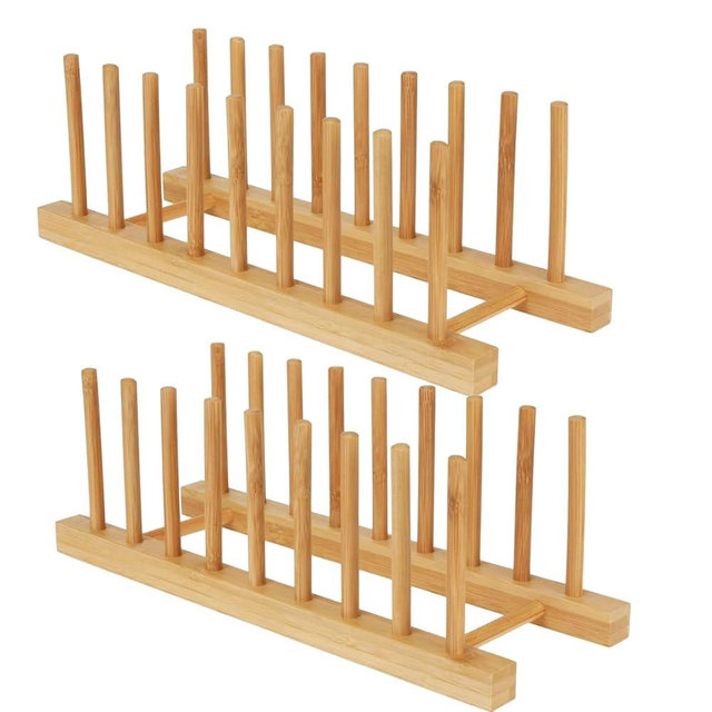 Jninexiu Bamboo Wooden Dish Racks for Kitchen Counter, Plate Organizer for Cabinet Stand Drainer Storage Holder Organizer for Dish, Pots, Lids, Bowls, Cups, and Cutting Boards and Books