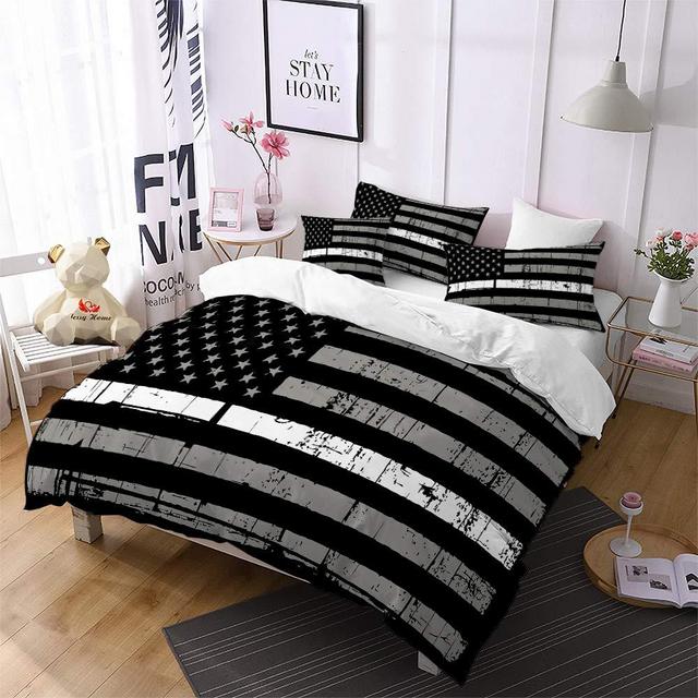 Duvet Cover Full Size American Flag Bedding Black White Gray Duvet Cover Flag Bed Set Flag American Printed Bedding Patriot Independence Day Decor USA Flag Quilt Cover+2 American Flag Pillowcases