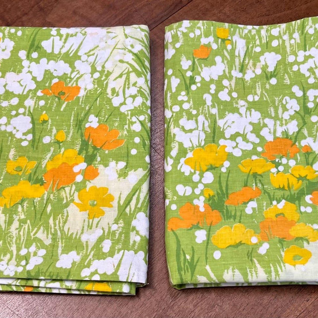 Set of 2 - 1970 Dan River pillowcases - Green field with yellow, orange and gold florals - great shape