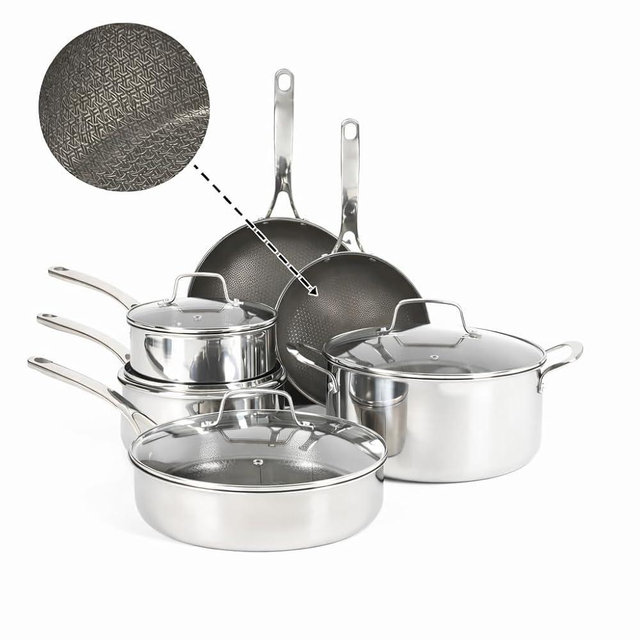 Martha Stewart Badgley Hybrid Nonstick 10 Piece TriPly Stainless Steel Pots and Pans Non-Toxic Kitchen Cookware Set - Laser Etched Perfect Sear Nonstick W/Stay Cool Handle Dishwasher & Induction Safe