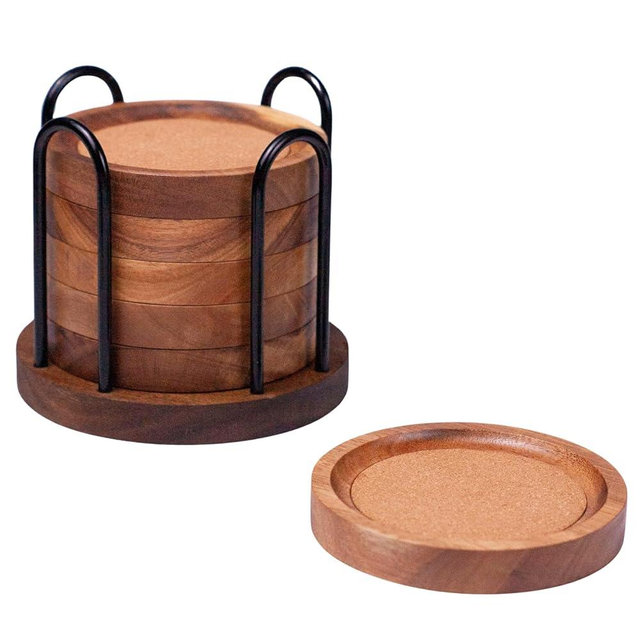 Wood Coasters for Drinks with Metal Holder, Non-Slip and Heat Resistant, Rustic Wooden Coasters for Coffee Table, Desk, Kitchen, or Bar, 4.33 Inch, Set of 6 (Modern Cork Coasters with Metal Holder)