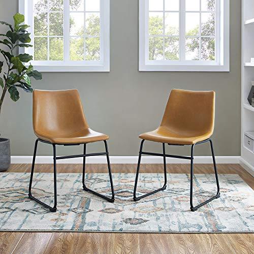 Walker Edison Furniture Company 18" Industrial Faux Leather Armless Indoor Kitchen Dining Chair with Metal Legs Upholstered, Set of 2, Whiskey Brown