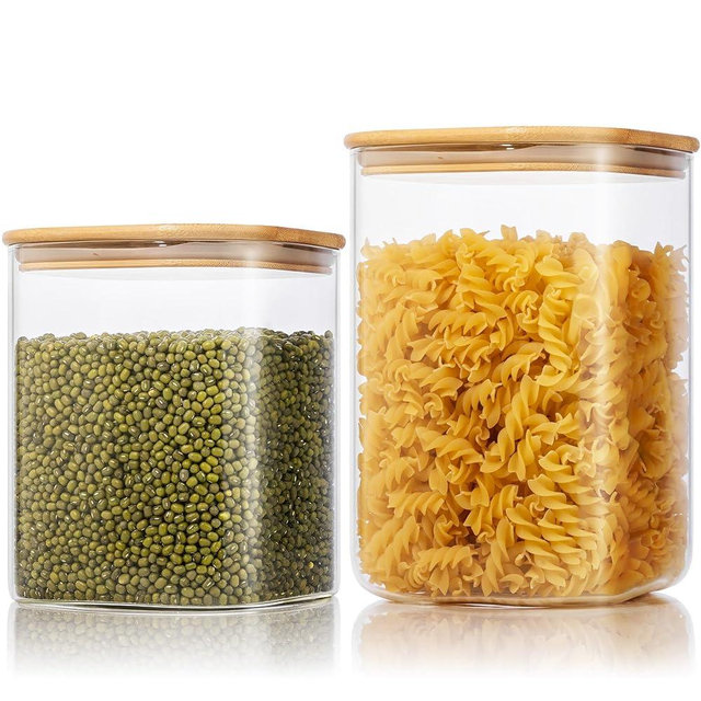 Extra Large Square Glass Flour & Sugar Storage Containers with Airtight Lids, 132oz & 63oz - 2 Pack Glass Jars with Bamboo Lids, Air tight Pantry Food Storage Containers for Cereal, Pasta, Rice