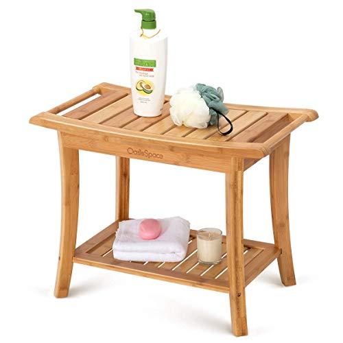 OasisSpace Bamboo Shower Bench, 24" Waterproof Shower Chair with Storage Shelf, Wood Spa Bath Organizer Seat Stool, Perfect for Indoor or Outdoor