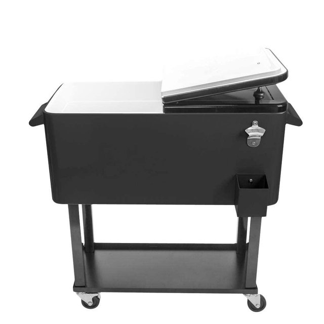Outvita 80 Quart Rolling Ice Chest, Portable Bar Drink Cooler with Catch Basin, Bottom Storage Tray and Bottle Opener for Patio Party BBQ Beach Activities