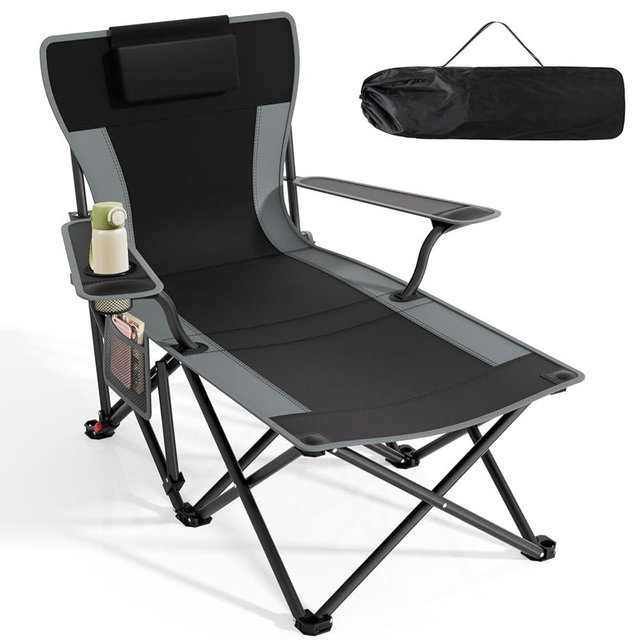Suteck Camping Chair with Foot Rest, Lightweight Foldable Beach Chairs, Adjustable 90°- 140°Reclining Lounge Chair Heavy Duty Outdoor Chairs for Outside with Detachable Pillow & Carry Bag Black