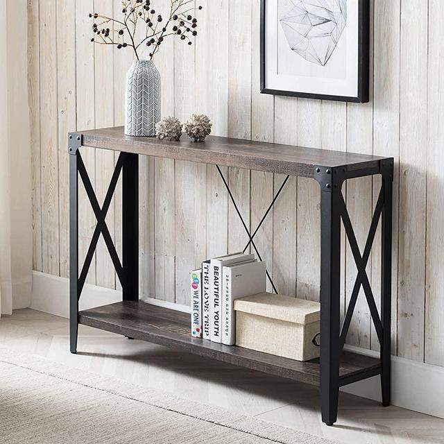 OKD Console Tables for Entryway, Hallway Table, 2-Tier Entrance Tables, Industrial Long Tables for Living Room, with Storage and X-Frame Open Shelf, Easy Assemble, Dark Rustic Oak