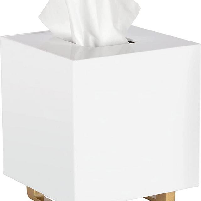 YoBa 3mm Thick Acrylic Tissue Box Holder Square White Tissue Box Dispenser with Gold Plated Aluminum Legs for Bathroom, Kitchen, Bedroom, Office and Restaurant