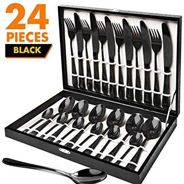 Black Silverware Set, HOBO 24 Pieces Flatware Cutlery Set, Japan Stainless Steel Dinnerware Set,Tableware Set Service for 6, Include Knife/Fork/Spoon Set, with High-grade Wooden Box