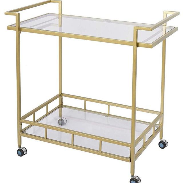 RiteSune Wine Bar Cart with 2 Glass Shelves and Casters for Home Kitchen Club, Antique Gold Finish (30x17x31inch Gold)