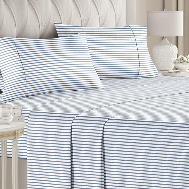 Striped Bed Sheets - Pin Striped Sheets - Blue and White Sheets - White and Blue Striped Sheets - Cal King Striped Sheets - Hotel Luxury Bed Sheets - Deep Pockets - Breathable & Cooling Sheets