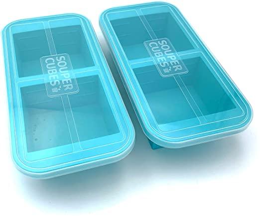 Souper Cubes 2-Cup Extra-Large Silicone Freezer Tray with lid- 2 pack - makes 4 perfect 2 cup portions - freeze soup, stew, sauce, or meals (2 Cup tray, Aqua color, pack of 2, with lids)