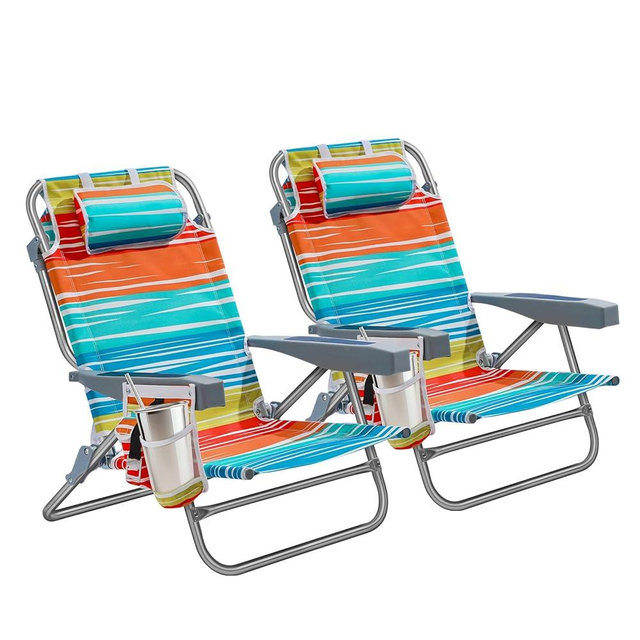 5-Position Aluminum Lay Flat Backpack Beach Chair 2 Pack, Compact Portable Low Beach Chairs for Adults, Beach Chair with Cooler Pouch, Storage Pouch, Towel Bar, Cup Holder, Multicolor Stripe 2 Pack