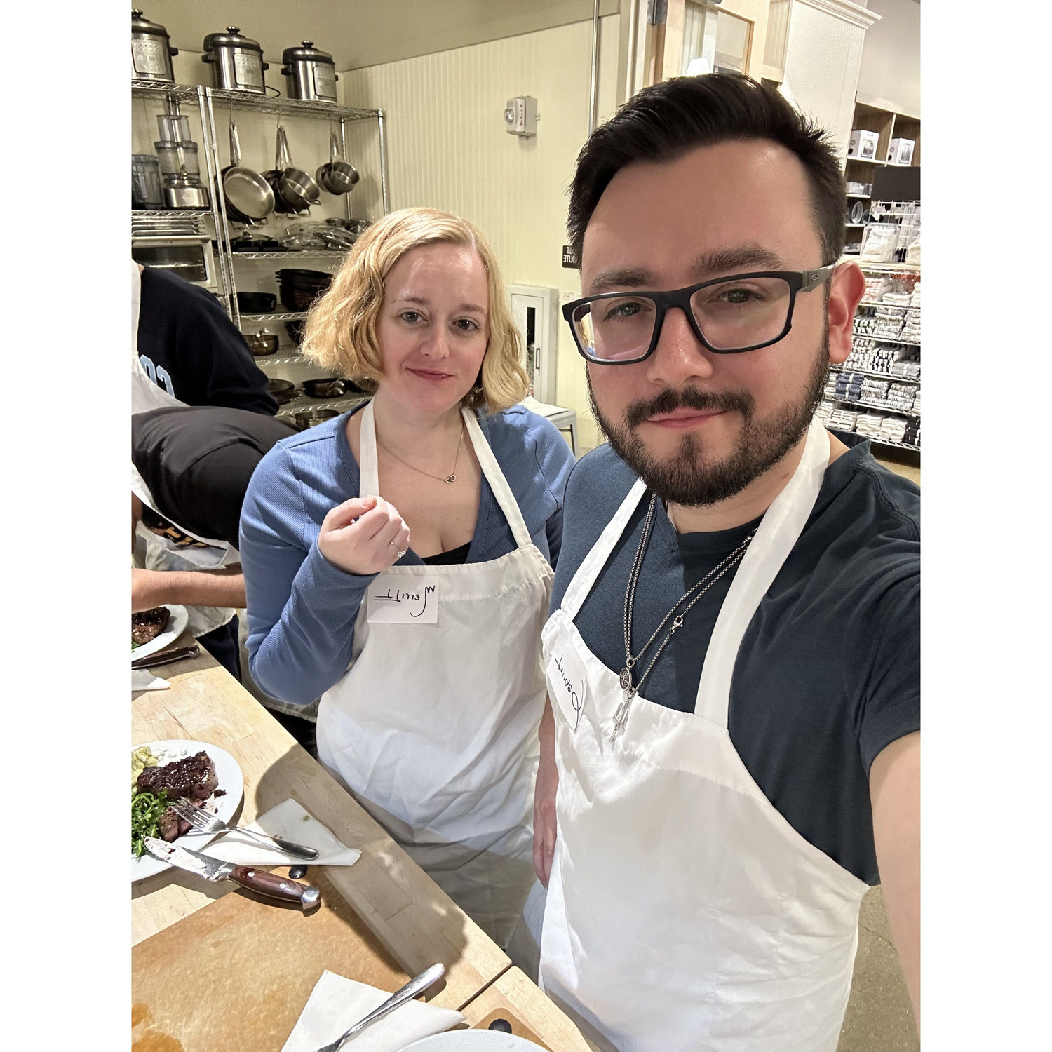 Preparing Gnocci, Steak and Arugula salad at Sur la Table cooking class!