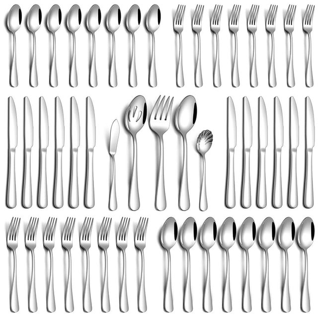 PHILIPALA 45 Piece Silverware Set with Serving Utensils, Stainless Steel Flatware Set for 8 Food Grade Novelty Flatware Cutlery Utensil Set Include Knife Fork Spoon Mirror Polished Dishwasher Safe