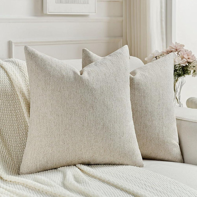 FUTEI Natural Linen Chenille Decorative Throw Pillow Covers 18x18 Inch Set of 2,Soft Cozy Faux Linen Textured Cushion Case,Farmhouse Home Decor for Couch Living Room