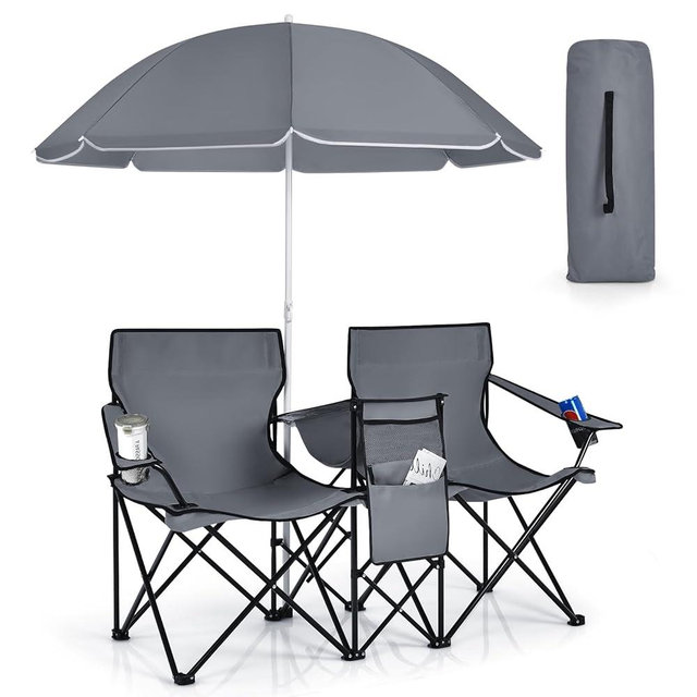 KOTEK Double Camping Chair, Folding Camp Chair with Removable Umbrella, Cup Holders, Cooler Bag, Side Pocket & Carry Bag, 2-Person Beach Chair for Outdoor, Sports, Concerts, Travel, Picnic (Grey)