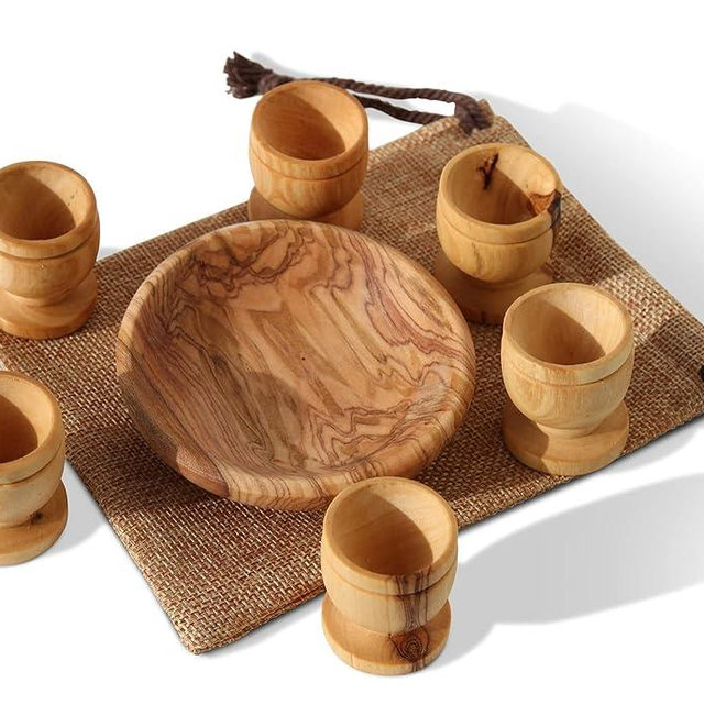 Olive Wood Mini Communion Cups with Bread Tray - Set of 6 Hand-Carved Kiddush Cups in Gift Bag - Made in Bethlehem, Holy Land Worship Set with Certificate of Origin