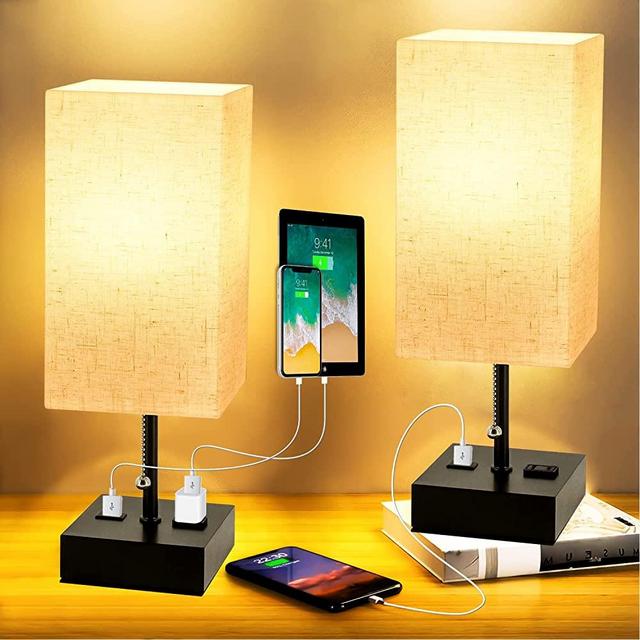 Table Lamps for Bedroom Set of 2,Bedside Lamp with USB Charging Port&Ac Outlet 3 Color Temperature Nightstand Lamp with Pull Chain for Reading,Living Room or Office(LED Bulb Included)