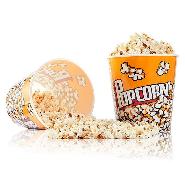 Plastic Popcorn Containers Retro Style Reusable Popcorn Buckets for Movie Night 7.1”x7.1”x5.1” - 2 Pack