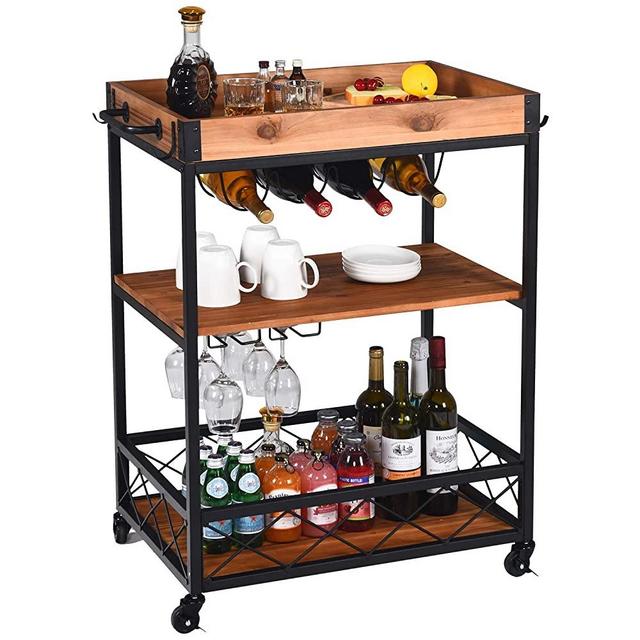 Bar Cart for Home Mobile Wine Cart on Wheels with Storage Metal Industrial Kitchen Serving Cart with Wine Tea Liquor Shelves Glass Holder Removable Top