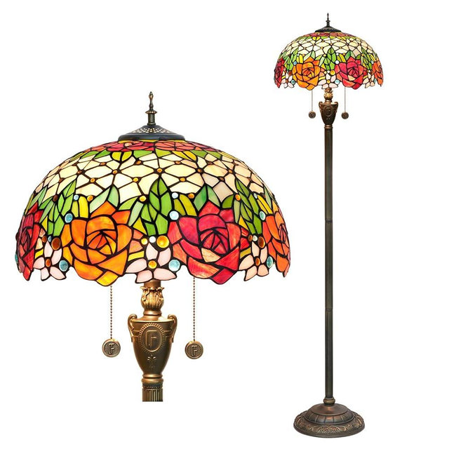 wecrejoni Tiffany Floor Lamp Rose Flower Stained Glass Standing Reading Light 16 Inches Antique Pole Corner Lamp Decor Bedroom Living Room Home Office