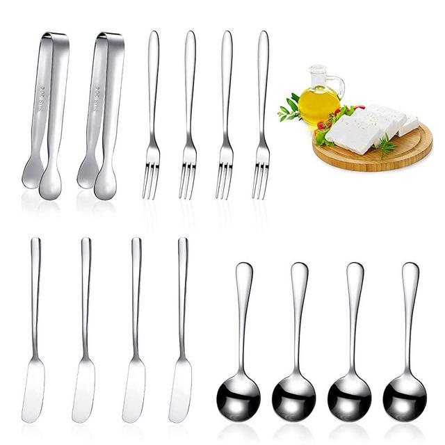 14 Pieces Cheese Butter Jam Spreader Knives Set Stainless Steel Cheese Slicer Butter Spreader Knives with Handles Mini Serving Tongs Spoons and Forks for Butter Jam Pastry Making (Silver)