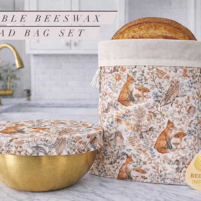 Reusable Beeswax Bread Bag & Bowl Cover Set – Organic Cotton, Forest Animals Print