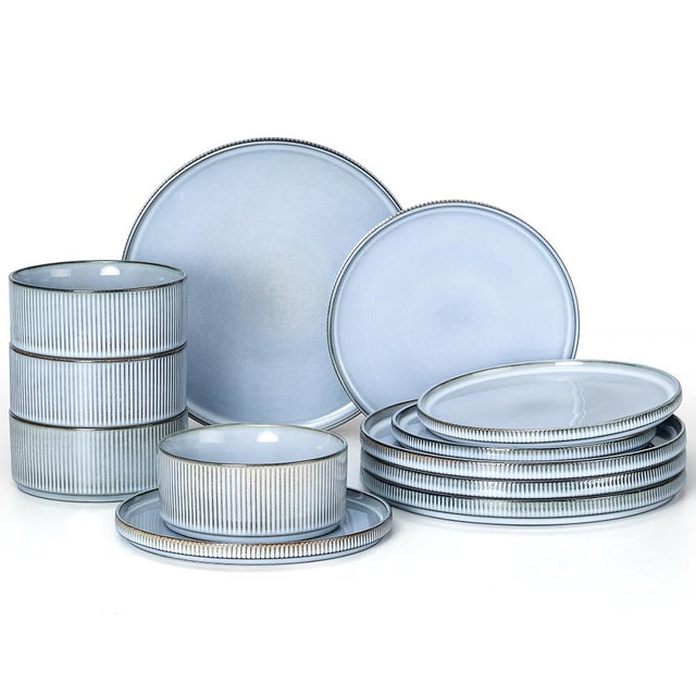 E-far 12-Piece Plates and Bowls Sets, Stoneware Dinnerware Dishes Sets for 4, Kitchen Modern Dining Dishware, Chip & Scratch Resistant, Microwave & Dishwasher Safe, Dusty Blue
